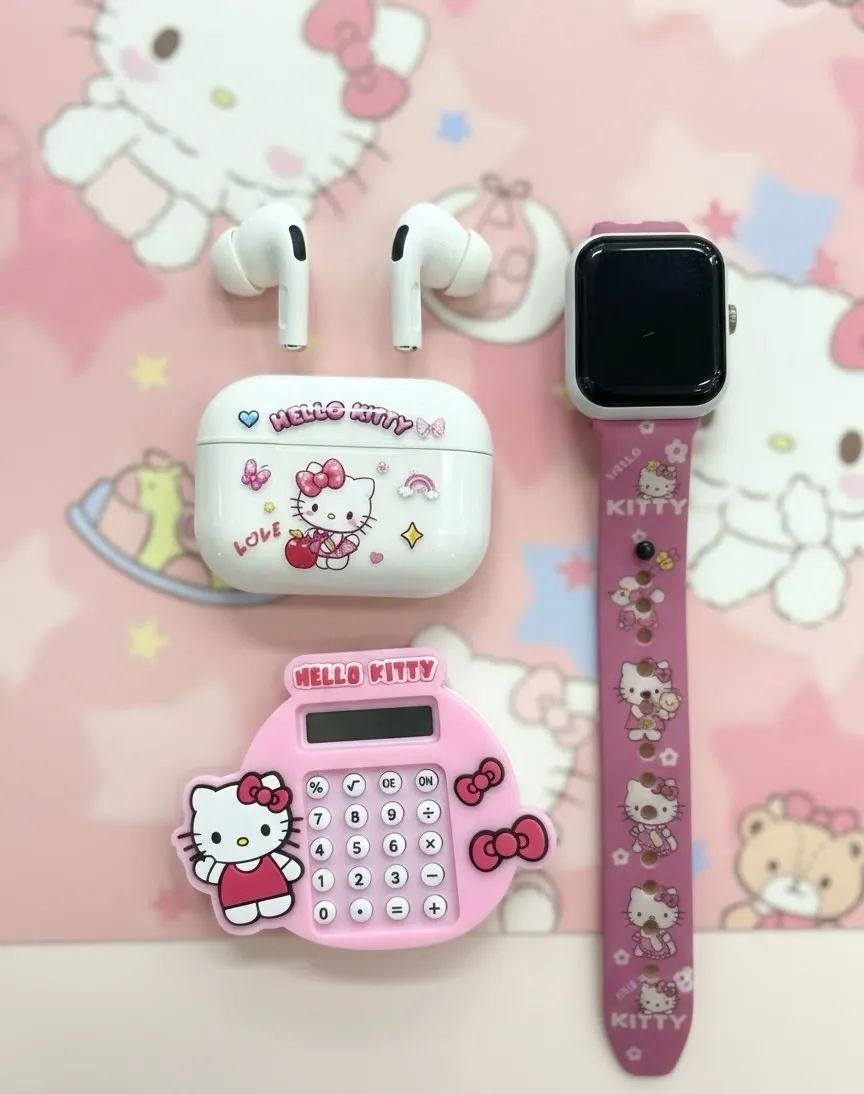 Cute Cartoon Wireless Earbuds Smart Watch & Calculator Gift Combo Set